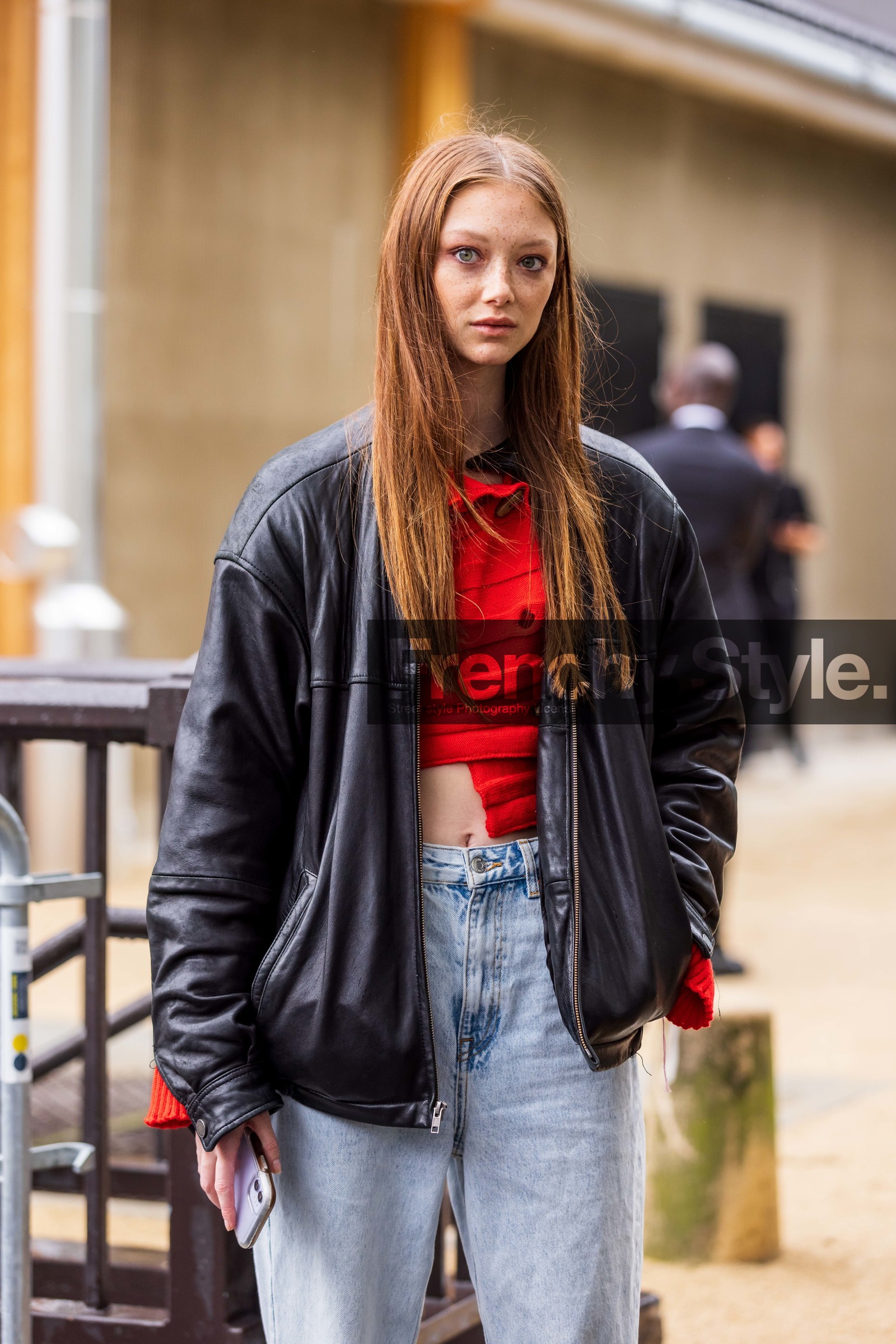 black jacket, denim, jacket, jeans, leather jacket, ligh denim, red top, Sara Grace Wallerstedt, straight jeans, top, fashion week, frenchystyle, FW, jonathan paciullo, street style, PFW, PARIS, SPRING SUMMER 2022, SS 22, vertical, atmosphere details, model
