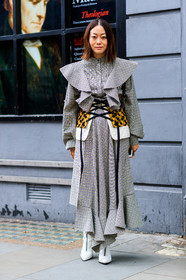 checked dress, corset, fashion week, floral, flowers, frenchystyle, full length, FW, graphic dress, grey dress, high heels, jonathan paciullo, leather shoes, LFW, LONDON, maiko shibata, printed dress, ruffles, SPRING SUMMER 2018, SS 18, street style, vertical, white boots