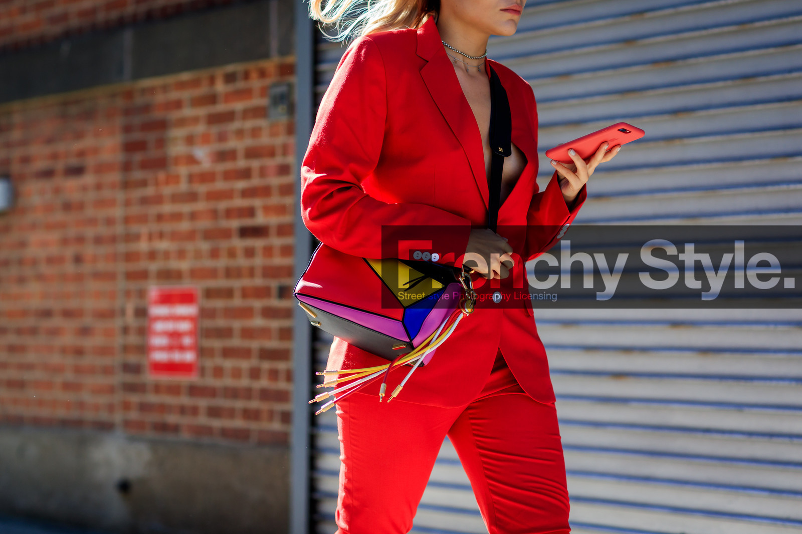atmosphere details, blazer, detail, fashion week, frenchystyle, FW, graphic bag, horizontal, iphone, jonathan paciullo, leather bag, loewe, multicolor bag, NEW YORK, NYFW, patchwork, printed bag, red jacket, red pants, red suit, SPRING SUMMER 2018, SS 18, street style, trousers