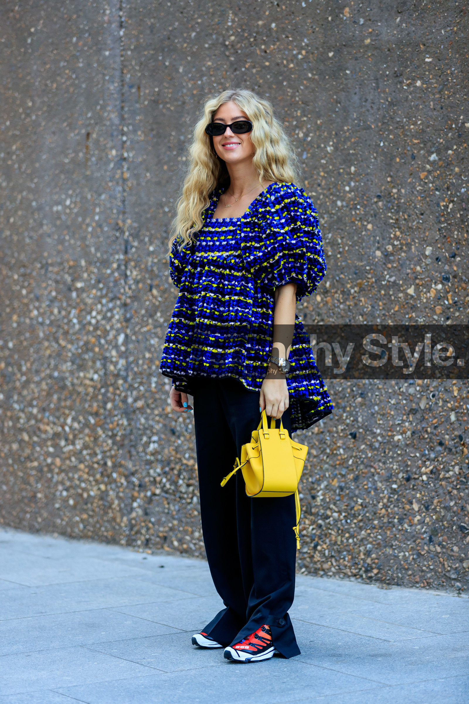 emili sindlev, gucci sunglasses, black sunglasses, knit top, multicolor top, loewe bag, mini bag, hand bag, yellow leather bag, black pants, rolex watch, silvered and golden watch, salomon sneakers, red sneakers, fashion week, frenchystyle, FW, jonathan paciullo, street style, vertical, full length