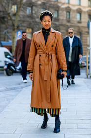 black bag, black shoes, brown coat, céline, headband, leather bag, leather coat, leather shoes, prada, tamu mcpherson, MILAN, MFW, fashion week, frenchystyle, FW, jonathan paciullo, street style, AUTUMN WINTER 2019-2020, AW 19-20, FALL WINTER 2019-2020, FW 19-20, vertical, full length