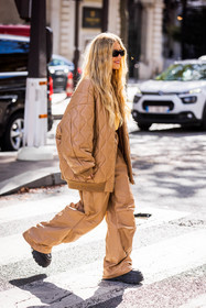 beige coat, beige jacket, beige pants, beige top, black sunglasses, coat, Emili Sindlev, jacket, large pants, leather coat, leather jacket, miu miu look, miu miu looks, pants, plateforme shoes, quilted coat, sunglasses, fashion week, frenchystyle, FW, jonathan paciullo, street style, PFW, PARIS, SPRING SUMMER 2022, SS 22, vertical, full length