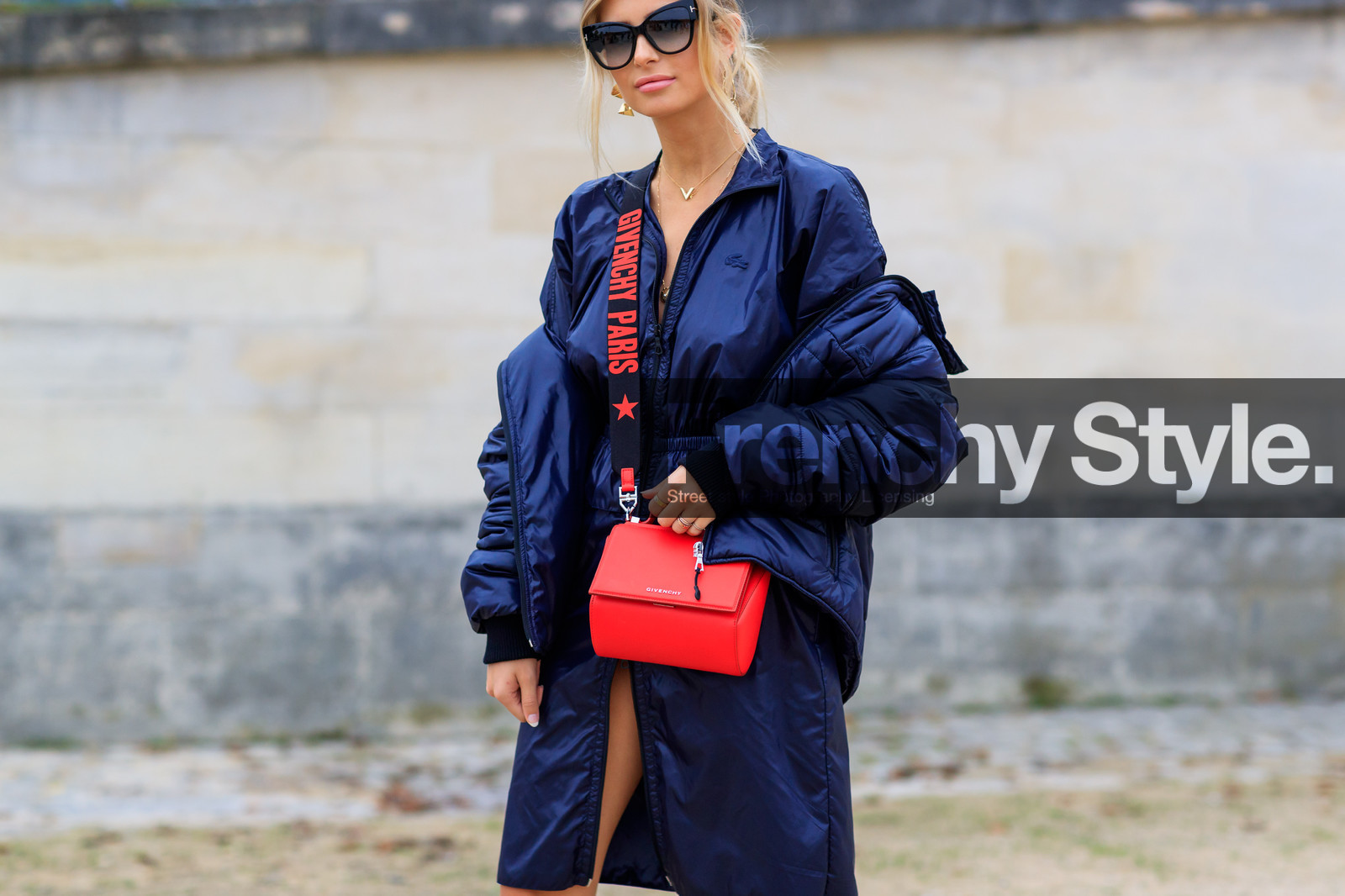 atmosphere details, black jacket, blue dress, blue jacket, detail, down jacket, fashion week, frenchystyle, FW, givenchy, horizontal, jonathan paciullo, lacoste, leather bag, off the shoulder, PARIS, PFW, red bag, SPRING SUMMER 2018, SS 18, street style, sunglasses, xenia van der woodsen