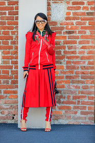 fashion week, frenchystyle, full length, FW, graphic pants, graphic skirt, gucci, high heels, jonathan paciullo, leather bag, leather shoes, MFW, MILAN, printed pants, printed skirt, red bag, red jacket, red pants, red shoes, red skirt, red sweater, SPRING SUMMER 2018, SS 18, street style, sunglasses, tone on tone, total look red, trousers, vertical, yuwei zhangzou, yuyu zhangzou