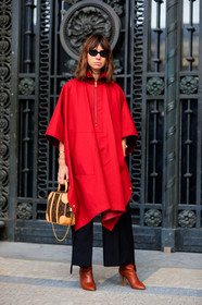 black pants, brown bag, brown boots, graphic bag, high heels, leather bag, leather shoes, louis vuitton, monogram, natasha goldenberg, printed bag, red coat, sunglasses, trousers, PARIS, PFW, street style, jonathan paciullo, FW, frenchystyle, fashion week, AUTUMN WINTER 2019-2020, AW 19-20, FALL WINTER 2019-2020, FW 19-20, vertical, full length