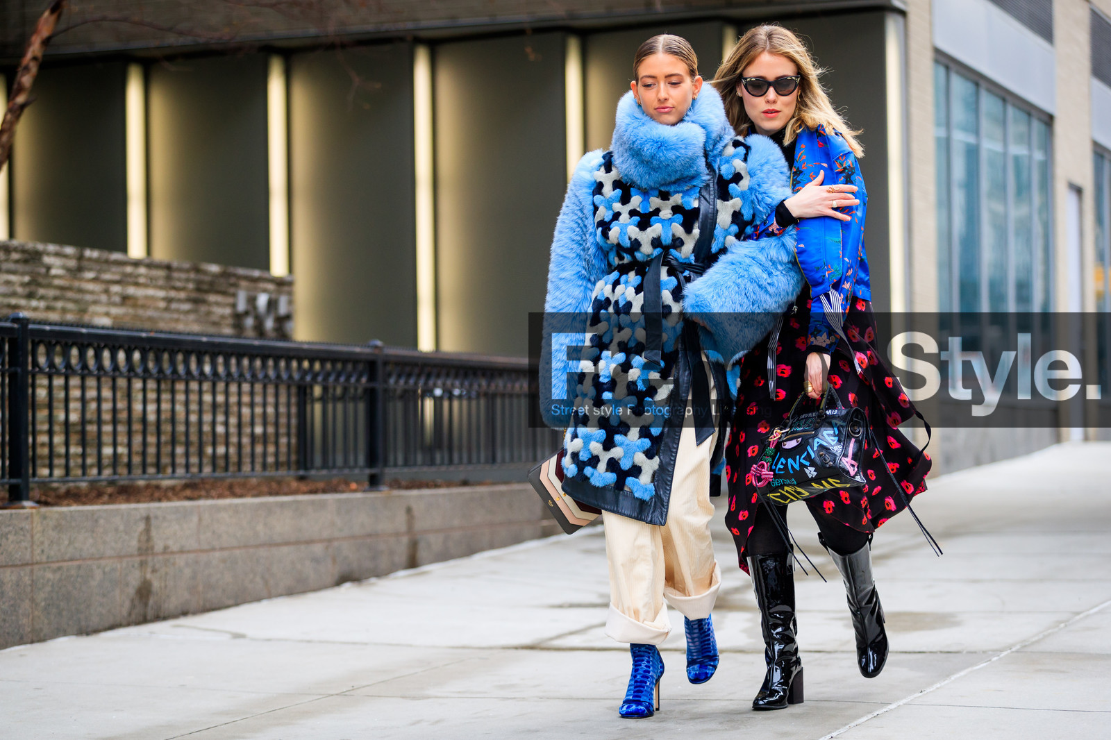 balenciaga, black bag, black shoes, black skirt, blue boots, blue fur coat, blue jacket, floral, flowers, fur jacket, graffiti, graphic bag, graphic skirt, high boots, high heels, leather bag, leather shoes, mulberry, multicolor bag, printed bag, printed skirt, red skirt, sunglasses, trousers, white pants, street style, jonathan paciullo, FW, frenchystyle, fashion week, NYFW, NEW YORK, AUTUMN WINTER 2018-2019, AW 18-19, FALL WINTER 2018-2019, FW 18-19, atmosphere details, horizontal, full length, Annabel Rosendahl, emili sindlev