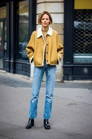 black boots, blue denim, blue jean, boots, camel coat, coat, denim, Freja Beha Erichsen, jean, leather boots, leather coat, shearling, straight jean, street style, jonathan paciullo, FW, frenchystyle, fashion week, PFW, PARIS, SPRING SUMMER 2022, SS 22, vertical, full length, model