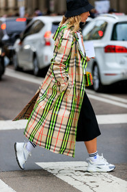 beige coat, black hat, black shorts, bucket hat, chanel handbag, checked, christian dior, graphic jacket, leather bag, leather shoes, neon, plaid, printed jacket, tartan, transparent bag, trousers, white shoes, white sneakers, white socks, yellow bag, MILAN, MFW, fashion week, frenchystyle, FW, jonathan paciullo, street style, AUTUMN WINTER 2019-2020, AW 19-20, FALL WINTER 2019-2020, FW 19-20, vertical, full length