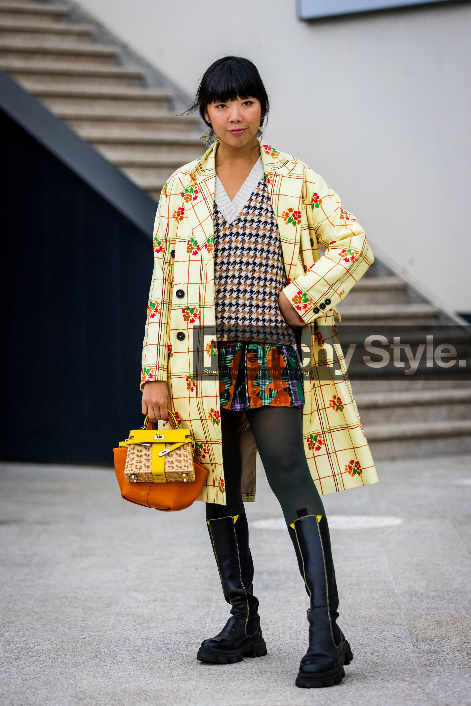 bag, black boots, boots, check, coat, color, floral print, flower, green skirt, hermes bag, houndstooth, kelly bag, knitwear, mini skirt, orange bag, printed coat, printed skirt, skirt, Susie Lau, two bags, white knitwear, yellow bag, yellow coat, yellow knitwear, PARIS, PFW, fashion week, frenchystyle, FW, jonathan paciullo, street style, SPRING SUMMER 2022, SS 22, vertical, full length