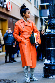 AUTUMN WINTER 2017-2018, AW 17-18, bun, earrings, FALL WINTER 2017-2018, fashion week, frenchystyle, full length, FW, FW 17-18, graphic shoes, jan-michael quammie, jonathan paciullo, leather bag, leather boots, leather coat, NEW YORK, NYFW, orange coat, snake print, street style, sunglasses, vertical