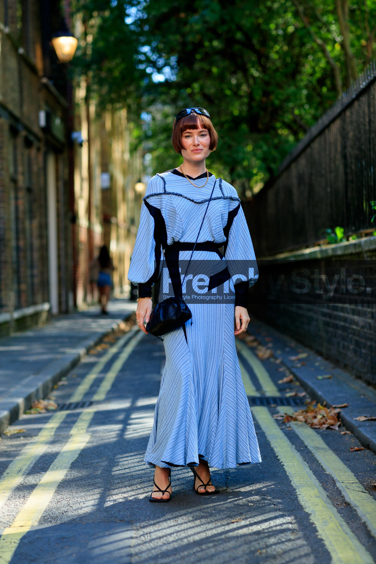 golden necklace, striped dress, long sleeves dress, light blue dress, black bag, mini bag, satin bag, christian dior ring, golden bracelet, black sandals, nude shoes, black sunglasses, sunglasses, fashion week, frenchystyle, FW, jonathan paciullo, street style, vertical, full length