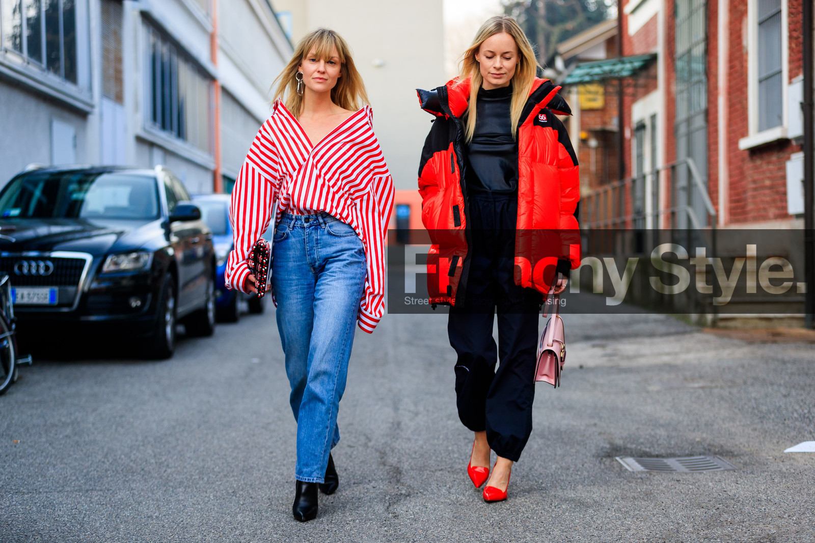 atmosphere details, AUTUMN WINTER 2017-2018, AW 17-18, black pants, black shoes, black sweater, blue denim, checked bag, denim pants, down jacket, FALL WINTER 2017-2018, fashion week, frenchystyle, full length, FW, FW 17-18, geometric, graphic bag, graphic shirt, high heels, horizontal, jeanette madsen, jeans, jonathan paciullo, leather bag, leather shoes, MFW, MILAN, pink bag, red bag, red jacket, red shirt, red shoes, street style, striped shirt, stripes, trousers
