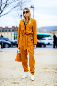 AUTUMN WINTER 2017-2018, avery blanchard, AW 17-18, camille charriere, FALL WINTER 2017-2018, fashion week, frenchystyle, full length, FW, FW 17-18, jonathan paciullo, leather bag, leather shoes, orange bag, orange jumpsuit, PARIS, PFW, street style, sunglasses, trousers, vertical, white boots
