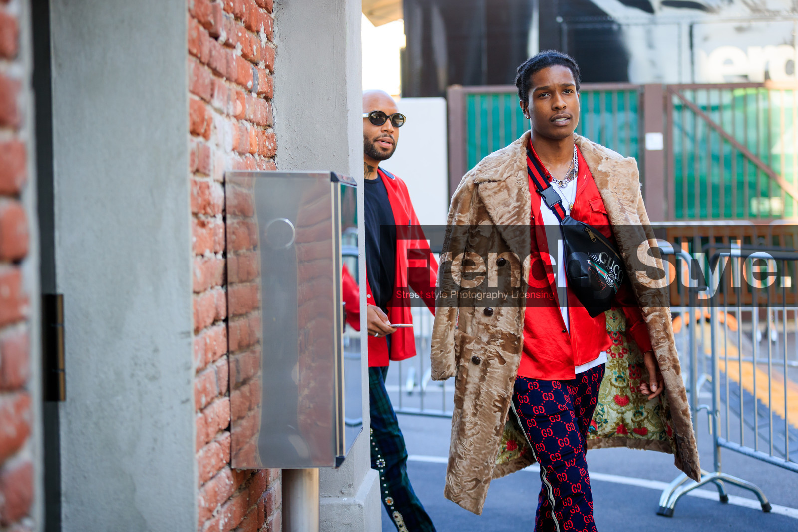 asap rocky, atmosphere details, black bag, blue pants, brown fur, detail, fanny pack, fashion week, frenchystyle, fur jacket, FW, graphic bag, graphic pants, gucci, horizontal, jonathan paciullo, leather bag, MFW, MILAN, printed bag, printed pants, red jacket, SPRING SUMMER 2018, SS 18, street style, trousers, white t shirt