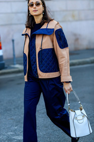 beige jacket, earrings, graphic jacket, julia haghjoo, leather bag, navy pants, pearls, printed jacket, sunglasses, trousers, white bag, MILAN, MFW, fashion week, frenchystyle, FW, jonathan paciullo, street style, AUTUMN WINTER 2019-2020, AW 19-20, FALL WINTER 2019-2020, FW 19-20, vertical, atmosphere details, detail