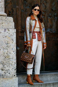 beige sweater, brown bag, brown coat, camel boots, denim pants, fanny pack, fendi, graphic bag, graphic jacket, high heels, jeans, leather bag, leather shoes, monogram, printed bag, printed jacket, sunglasses, transparent coat, trousers, turtleneck sweater, white denim, MILAN, MFW, fashion week, frenchystyle, FW, jonathan paciullo, street style, AUTUMN WINTER 2019-2020, AW 19-20, FALL WINTER 2019-2020, FW 19-20, vertical, full length