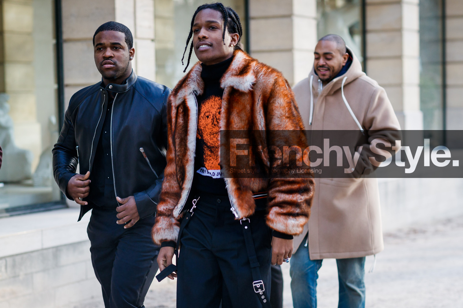 black pants, black t shirt, bomber jacket, braids, brown fur, dior homme, fur jacket, printed t shirt, trousers, fashion week, frenchystyle, FW, jonathan paciullo, street style, PFW, PARIS, SPRING SUMMER 2017, SS 17, HAUTE COUTURE, atmosphere details, detail, horizontal, asap rocky