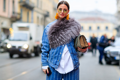 atmosphere details, AUTUMN WINTER 2017-2018, AW 17-18, beige bag, blue denim, denim pants, detail, earrings, FALL WINTER 2017-2018, fashion week, frenchystyle, fur scarf, FW, FW 17-18, geometric, graphic jacket, graphic pants, grey fur, grey scarf, gucci, horizontal, jeans, jonathan paciullo, leather bag, MFW, MILAN, monogram, printed bag, printed jacket, printed pants, street style, striped jacket, striped pants, stripes, sunglasses, trousers, white shirt, zina charkoplia