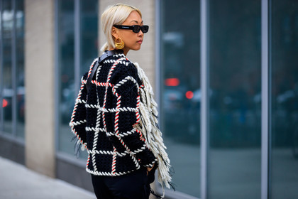 black sweater, checked, checked sweater, earrings, graphic sweater, plaid, sunglasses, tartan, trousers, street style, jonathan paciullo, FW, frenchystyle, fashion week, NYFW, NEW YORK, AUTUMN WINTER 2018-2019, AW 18-19, FALL WINTER 2018-2019, FW 18-19, atmosphere details, horizontal, detail, vanessa hong