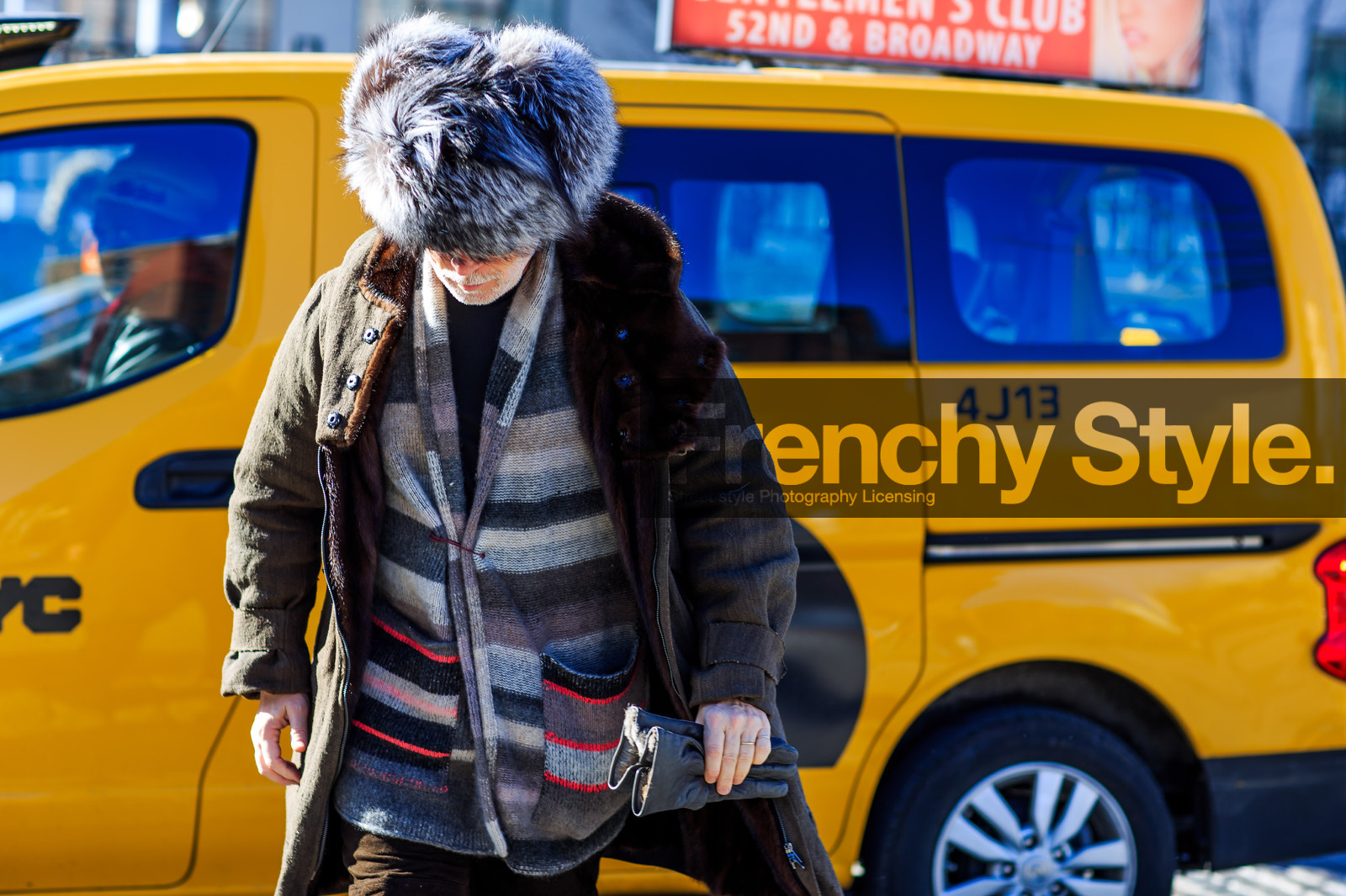 atmosphere details, AUTUMN WINTER 2016-2017, AW 16-17, brown coat, brown fur, chapka, detail, fashion week, frenchystyle, fur collar, fur hat, FW, FW 16-17, grey fur, grey hat, grey knit, grey sweater, horizontal, jonathan paciullo, man, NEW YORK, nick wooster, NYFW, parka, safety pin, street style, striped cardigan, striped sweater