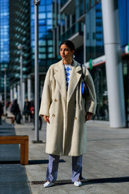 bettina looney, black and white, blue sweater, checked, earrings, Fur coat, gingham, graphic pants, graphic sweater, leather shoes, plaid, printed pants, printed sweater, trousers, white coat, white shoes, MILAN, MFW, fashion week, frenchystyle, FW, jonathan paciullo, street style, AUTUMN WINTER 2019-2020, AW 19-20, FALL WINTER 2019-2020, FW 19-20, vertical, full length