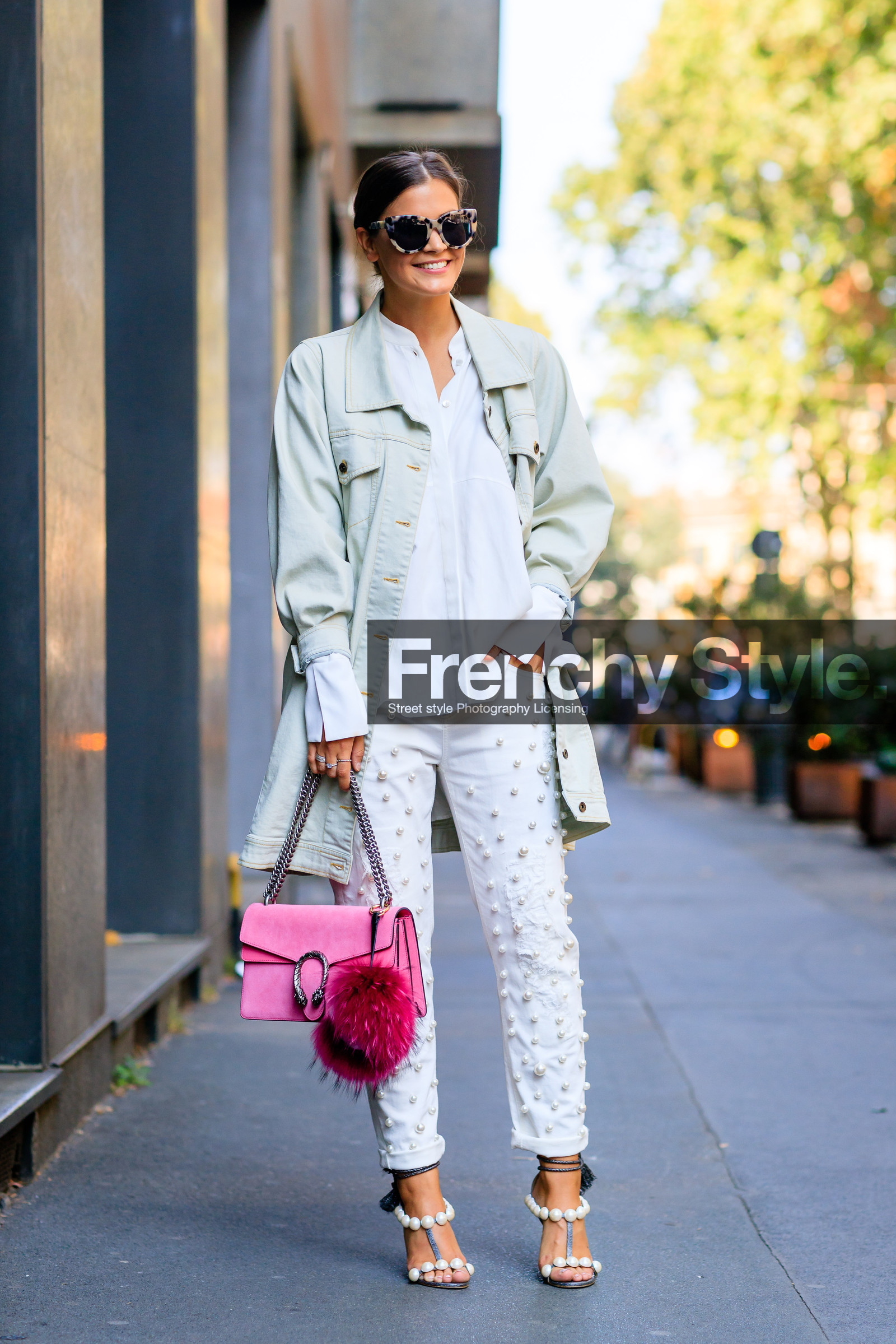 denim coat, denim jacket, denim pants, embroidered jeans, fashion week, frenchystyle, full length, FW, gucci, high heels, jeans, jonathan paciullo, leather bag, leather shoes, MFW, MILAN, pearls, pink bag, pink fur, silver shoes, SPRING SUMMER 2017, SS 17, street style, sunglasses, trousers, vertical, white denim, white shirt