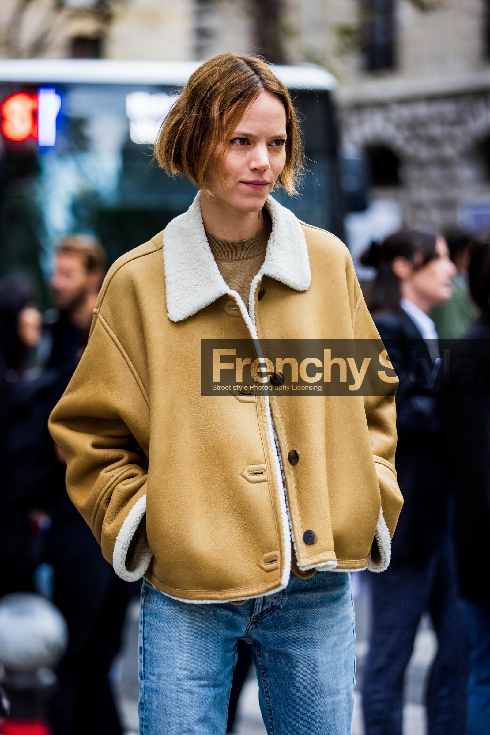 blue denim, blue jean, camel coat, coat, denim, Freja Beha Erichsen, jean, leather coat, shearling, street style, jonathan paciullo, FW, frenchystyle, fashion week, PFW, PARIS, SPRING SUMMER 2022, SS 22, vertical, atmosphere details, model