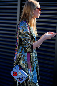 atmosphere details, blue bag, detail, fashion week, floral, flowers, frenchystyle, FW, glitter, graphic bag, jonathan paciullo, leather bag, MFW, MILAN, printed bag, sequined jacket, sequined pants, SPRING SUMMER 2018, SS 18, street style, sunglasses, vertical