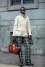 beige jacket, black and white, black shoes, brown bag, checked, graphic pants, grey pants, leather shoes, model, plaid, printed pants, printed scarf, straw bag, trousers, MILAN, MFW, fashion week, frenchystyle, FW, jonathan paciullo, street style, AUTUMN WINTER 2019-2020, AW 19-20, FALL WINTER 2019-2020, FW 19-20, vertical, full length