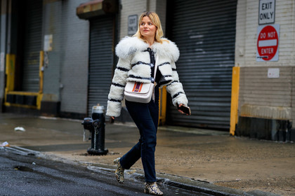 sabina socol, white coat, fur coat, striped coat, black polish coat, vinyl coat, longchamp coat, cropped coat, white leather bag, coach bag, beige leather boots, animal skin boots, striped boots, fashion week, frenchystyle, FW, jonathan paciullo, street style, NYFW, NEW YORK, AUTUMN WINTER 2020-2021, FALL WINTER 2020-2021, FW 20-21, horizontal, atmosphere details, full length