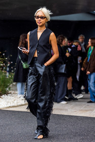 black jacket, black pants, fringes, hermes look, jacket, leather pants, necklace, pants, silver necklace, sleveless jacket, sunglasses, Vanessa Hong, waistcoat, fashion week, frenchystyle, FW, jonathan paciullo, street style, PFW, PARIS, SPRING SUMMER 2022, SS 22, vertical, full length