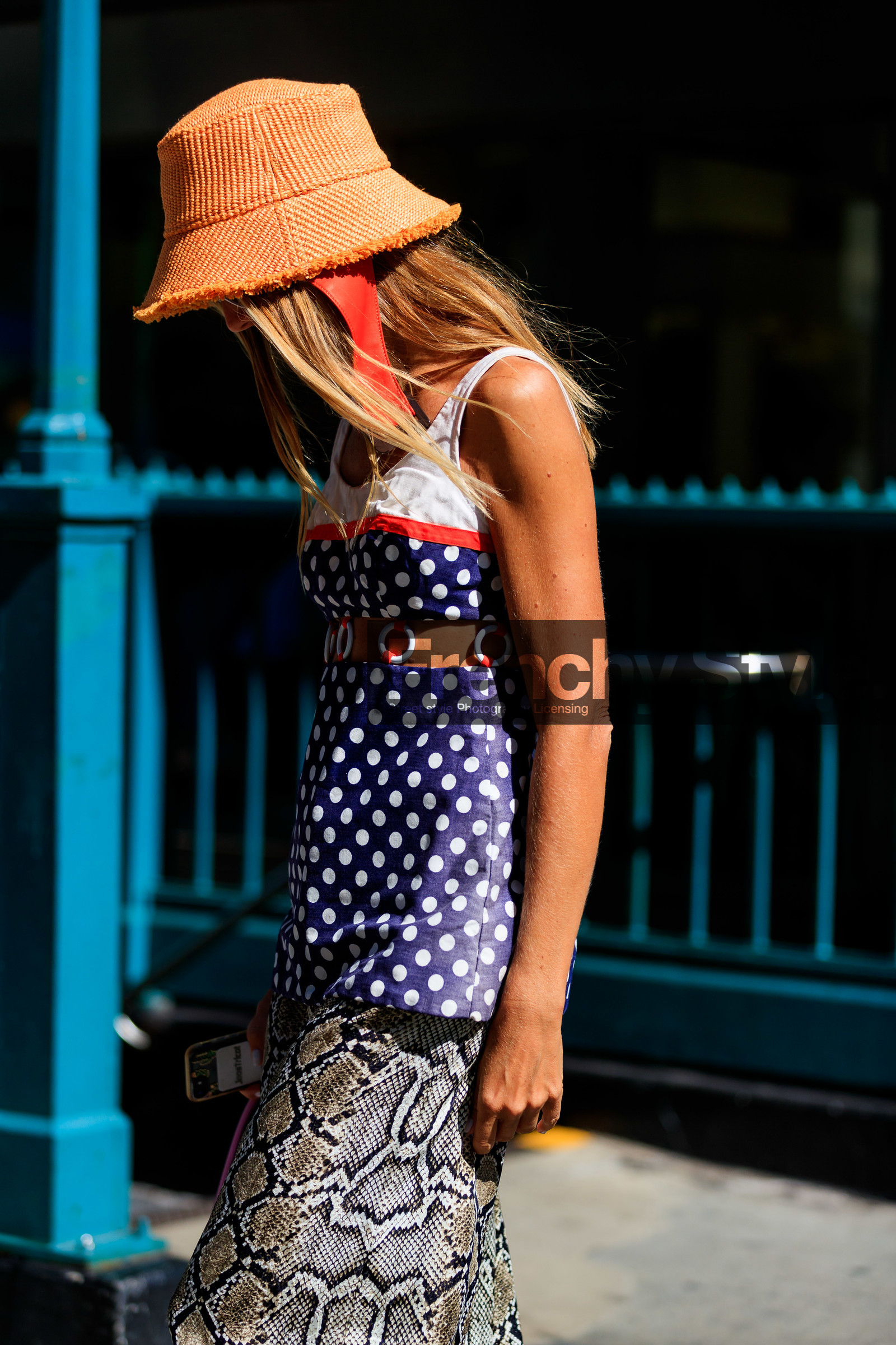 animal print, blue top, graphic skirt, graphic top, orange hat, polka dot, printed skirt, printed top, snake print, fashion week, frenchystyle, FW, jonathan paciullo, street style, NEW YORK, NYFW, SPRING SUMMER 2020, SS 20, vertical, detail, atmosphere details