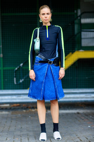 black belt, black socks, blue denim, denim skirt, fashion week, frenchystyle, full length, FW, green bag, jonathan paciullo, leather bag, leather belt, leather shoes, LFW, LONDON, mint, navy sweater, SPRING SUMMER 2017, SS 17, street style, turquoise, vertical, white shoes, woman