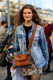 black sweater, blue denim, brown bag, chloé, denim jacket, graphic bag, graphic skirt, leather bag, model, printed bag, printed skirt, white skirt, PARIS, PFW, street style, jonathan paciullo, FW, frenchystyle, fashion week, AUTUMN WINTER 2019-2020, AW 19-20, FALL WINTER 2019-2020, FW 19-20, vertical, atmosphere details, detail