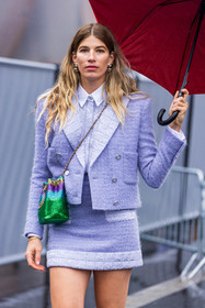 bag, chanel earrings, chanel look, color, green bag, lila jacket, lila shirt, lila skirt, mini skirt, multicolor, pastel, shirt, skirt, tweed, umbrella, Veronika Heilbrunner, fashion week, frenchystyle, FW, jonathan paciullo, street style, PFW, PARIS, SPRING SUMMER 2022, SS 22, vertical, atmosphere details