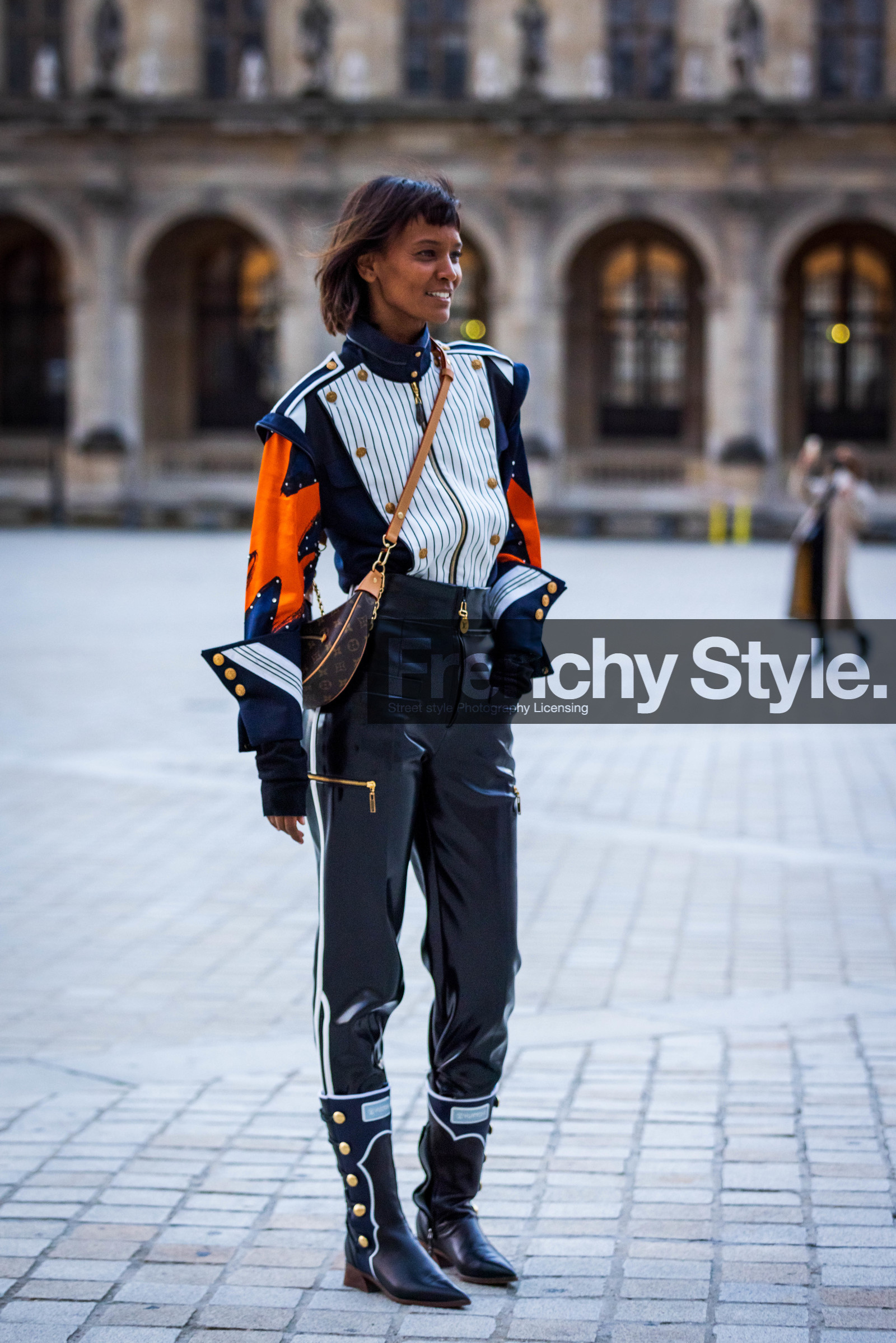 black boots, black jacket, black pants, boots, jacket, leather boots, Liya Kebede, louis vuitton look, orange jacket, pants, patent pants, printed jacket, stripes, fashion week, frenchystyle, FW, jonathan paciullo, street style, PFW, PARIS, SPRING SUMMER 2022, SS 22, vertical, full length