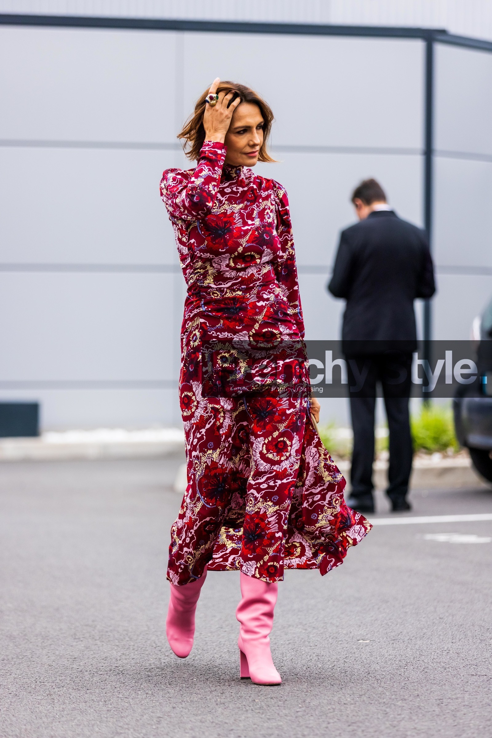 boots, color, dress, floral print, flower, leather boots, long dress, pink boots, pink dress, printed dress, red dress, street style, jonathan paciullo, FW, frenchystyle, fashion week, PFW, PARIS, SPRING SUMMER 2022, SS 22, vertical, full length