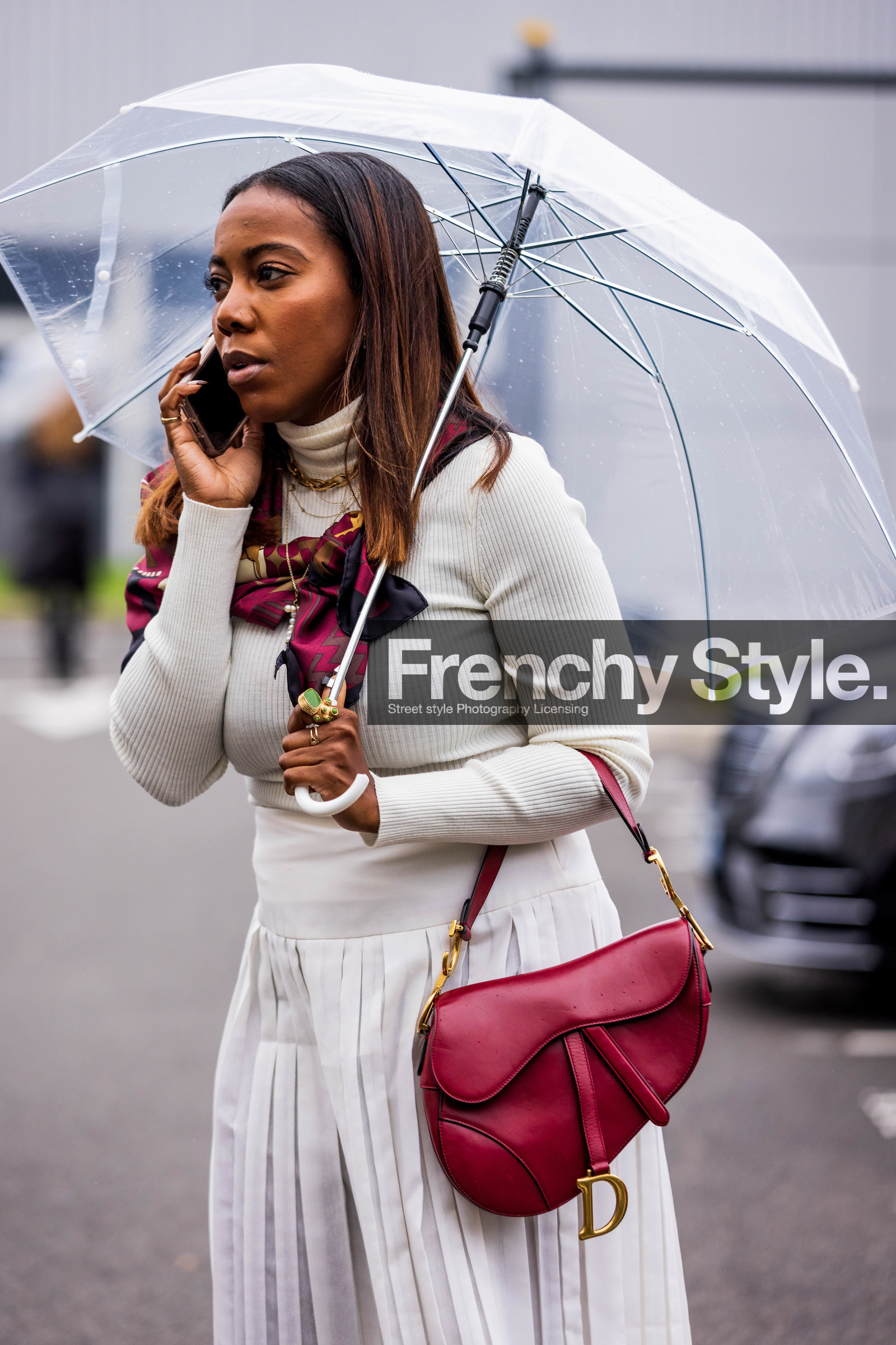 bag, dior bag, leather bag, pleated skirt, printed scarf, red bag, red scarf, ribbed necklace, saddle bag, scarf, skirt, Tiffany Reid, turtleneck, umbrella, white skirt, white turtleneck, fashion week, frenchystyle, FW, jonathan paciullo, street style, PFW, PARIS, SPRING SUMMER 2022, SS 22, vertical, atmosphere details