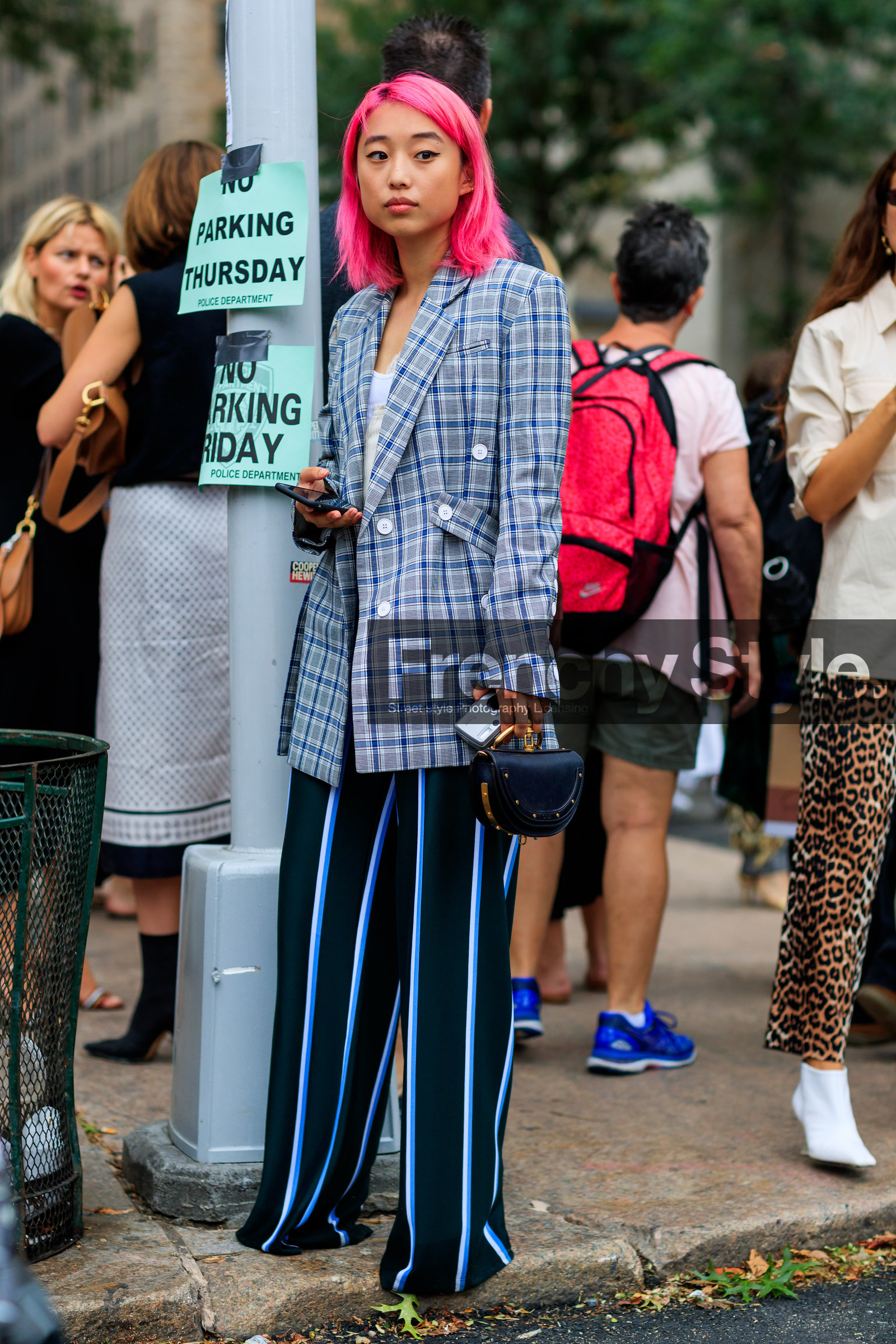 black bag, black pants, blazer, checked, chloé, dyed hair, graphic jacket, graphic pants, grey jacket, leather bag, pink hair, plaid, printed jacket, printed pants, striped pants, trousers, fashion week, frenchystyle, FW, jonathan paciullo, street style, NYFW, NEW YORK, SPRING SUMMER 2019, SS 19, vertical, full length