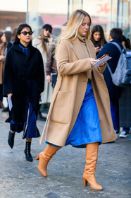 beige boots, beige coat, beige sweater, blue denim, denim skirt, high boots, high heels, jennifer neyt, leather shoes, street style, jonathan paciullo, FW, frenchystyle, fashion week, MFW, MILAN, AUTUMN WINTER 2019-2020, AW 19-20, FALL WINTER 2019-2020, FW 19-20, vertical, full length