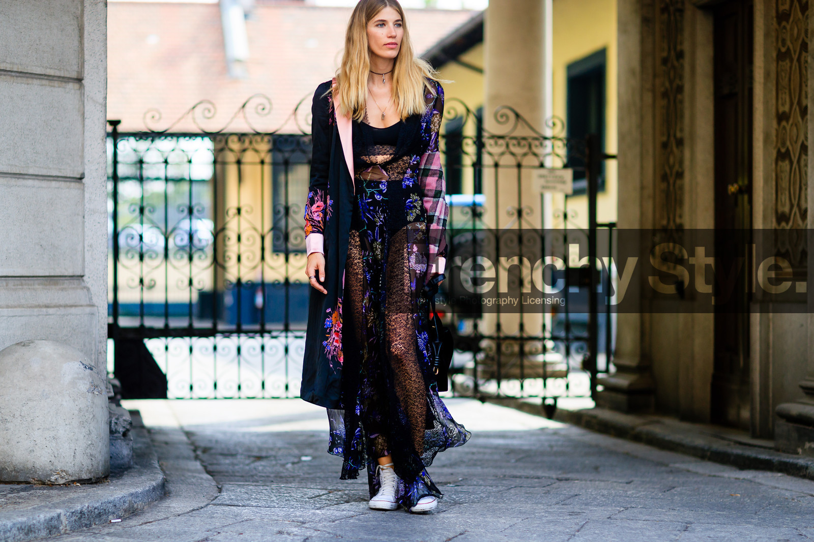 atmosphere details, black bra, black dress, converse, detail, fashion week, floral, flower, frenchystyle, FW, horizontal, jonathan paciullo, lace, lace dress, leather bag, leather shoes, MFW, MILAN, printed dress, robe, SPRING SUMMER 2017, SS 17, street style, tights, veronika heilbrunner, white sneakers