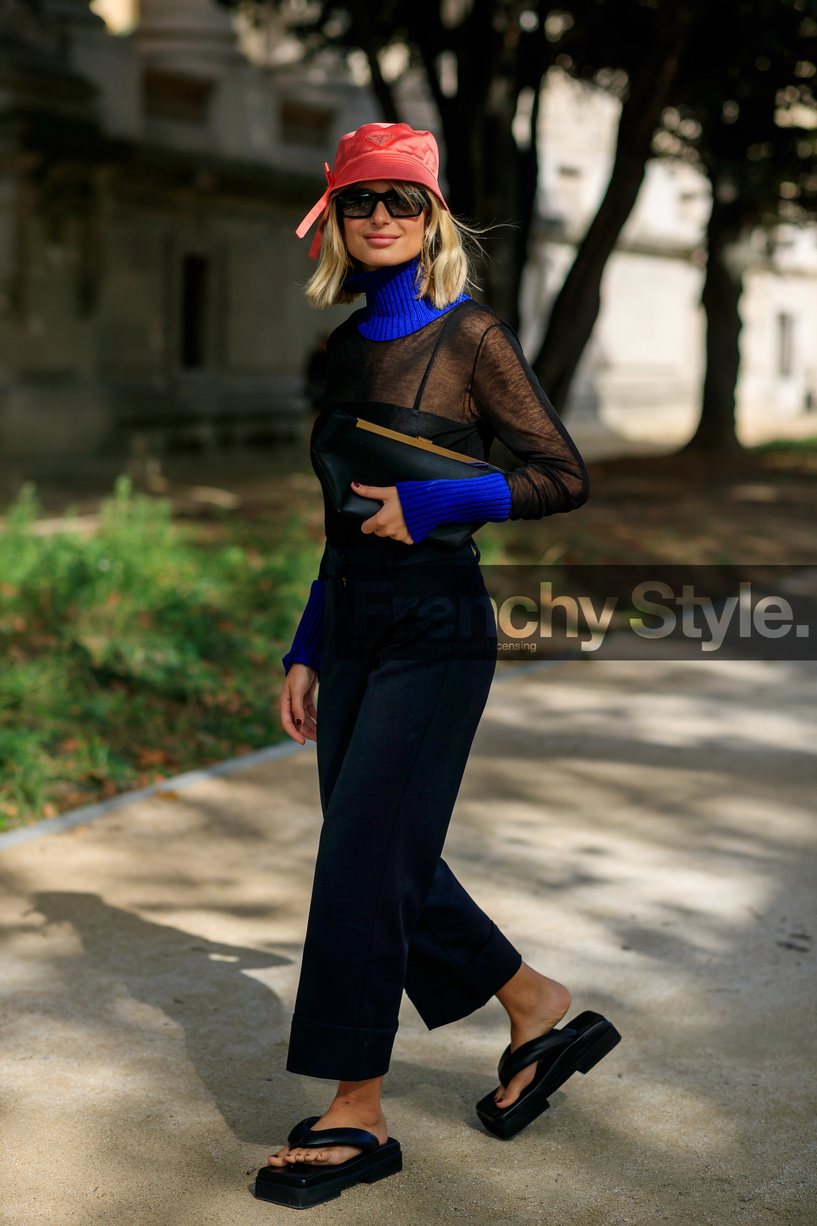 xenia adonts, prada hat, red hat, black top, sheer top, blue pullover, blue top, high collar top, turtleneck top, turtleneck pullover, black leather clutch, black pants, black leather sandals, black leather slippers, big sole sandals, PARIS, PFW, SPRING SUMMER 2020, SS 20, fashion week, frenchystyle, FW, jonathan paciullo, street style, vertical, full length