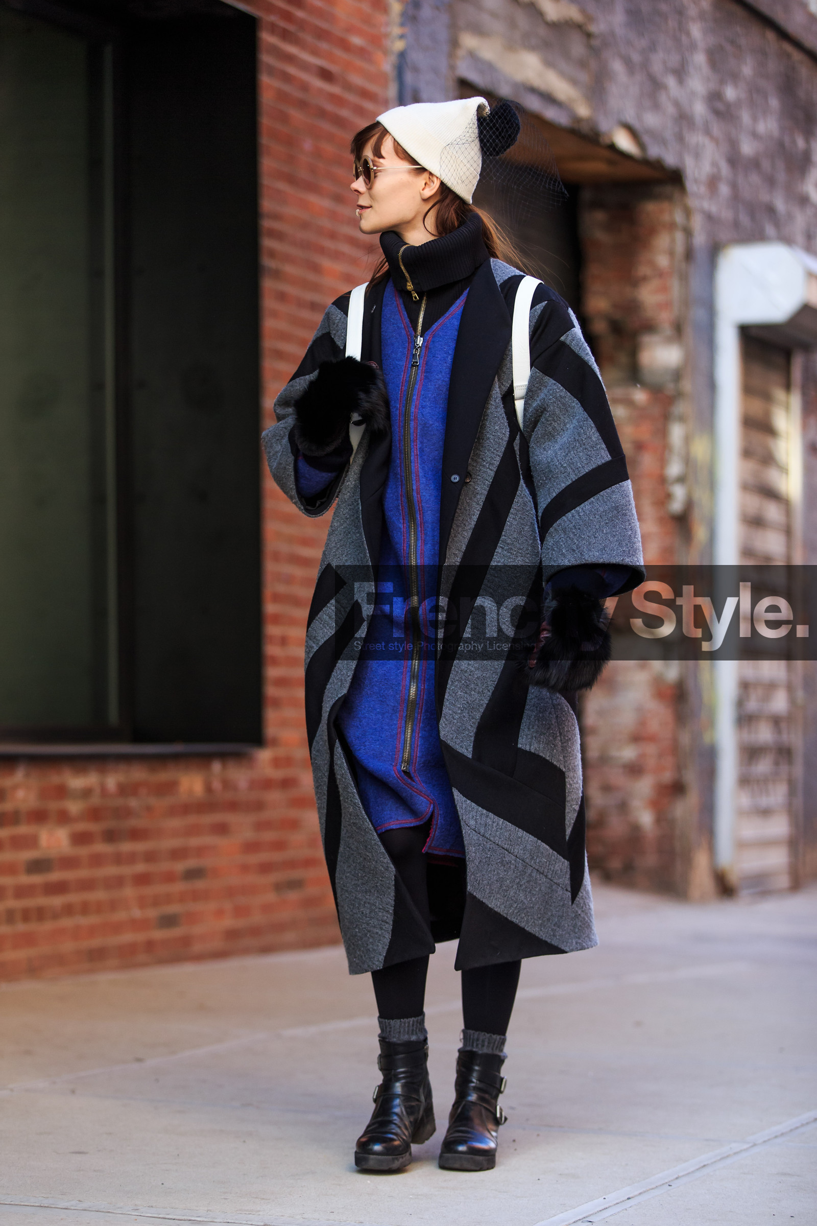 AUTUMN WINTER 2016-2017, AW 16-17, backpack, black boots, black sweater, black turtleneck, blue dress, fashion week, frenchystyle, full length, FW, FW 16-17, grey coat, irina kravchenko, jonathan paciullo, leather boots, model, NEW YORK, NYFW, street style, vertical, white beanie, woman, zip