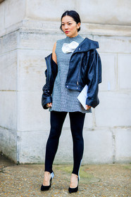 AUTUMN WINTER 2017-2018, AW 17-18, black and white, black jacket, black pants, black perfecto, black shoes, FALL WINTER 2017-2018, fashion week, frenchystyle, full length, FW, FW 17-18, gingham, graphic dress, high heels, jonathan paciullo, leather jacket, leather perfecto, leather shoes, paco rabanne, PARIS, PFW, printed dress, stir pants, street style, tina leung, trousers, vertical
