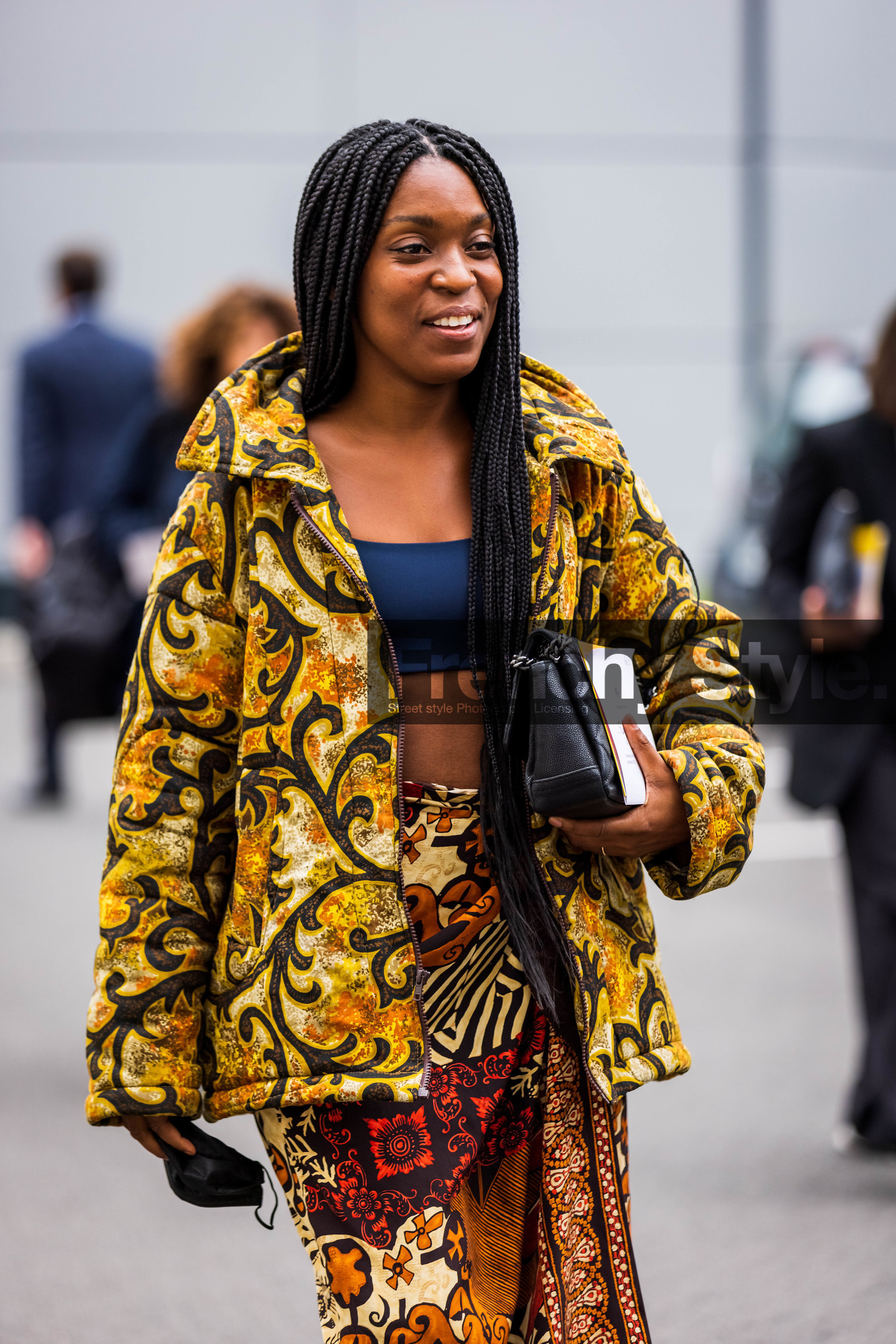 black pouch, bra, coat, color, floral print, flower, navy bra, orange skirt, paisley, pouch, print, printed coat, printed skirt, Rajni Lucienne Jacques, red skirt, skirt, yellox coat, PARIS, PFW, fashion week, frenchystyle, FW, jonathan paciullo, street style, SPRING SUMMER 2022, SS 22, vertical, atmosphere details