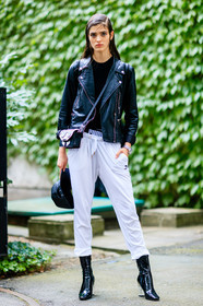 black bag, black boots, black cap, black jacket, black perfecto, black sweater, black top, christian dior, fashion week, frenchystyle, full length, FW, high heels, jonathan paciullo, leather bag, leather jacket, leather perfecto, leather shoes, LFW, LONDON, model, puma, SPRING SUMMER 2017, SS 17, street style, sweatpants, transparent heel, trousers, varnished leather shoes, vertical, wet hair, white pants, woman