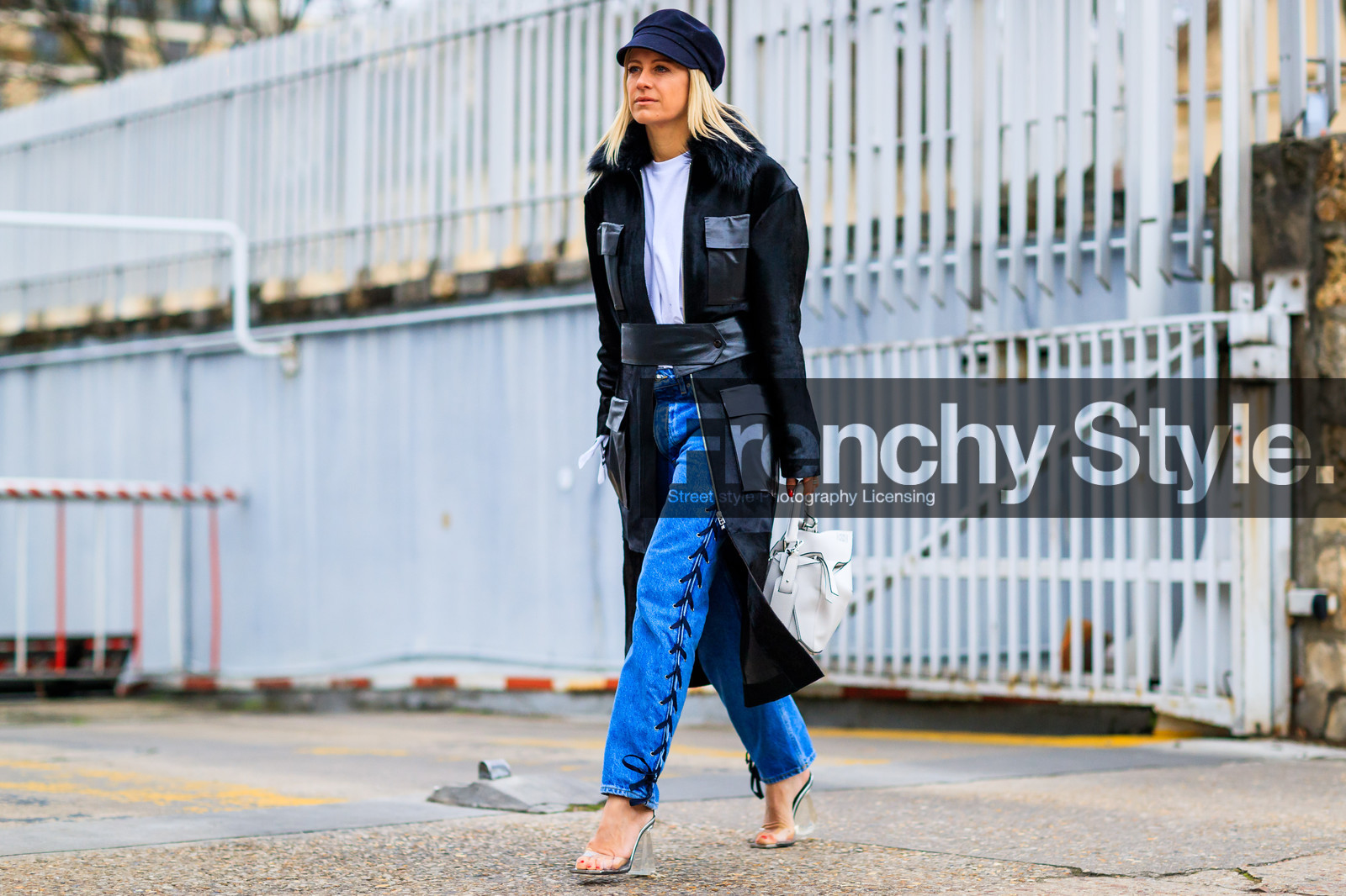 atmosphere details, AUTUMN WINTER 2017-2018, AW 17-18, black cap, black coat, black jacket, blue denim, celine aagaard, denim pants, FALL WINTER 2017-2018, fashion week, frenchystyle, full length, fur collar, FW, FW 17-18, high heels, horizontal, jeans, jonathan paciullo, leather bag, leather coat, leather shoes, loewe, PARIS, PFW, street style, transparent heel, transparent shoes, trousers, white bag