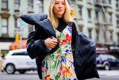 black jacket, black turtleneck, down jacket, floral, flowers, graphic dress, printed dress, white dress, street style, jonathan paciullo, FW, frenchystyle, fashion week, NYFW, NEW YORK, AUTUMN WINTER 2018-2019, AW 18-19, FALL WINTER 2018-2019, FW 18-19, atmosphere details, horizontal, detail, tina leung