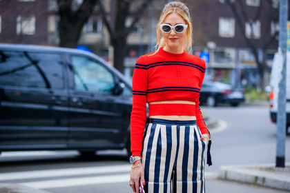 atmosphere details, AUTUMN WINTER 2017-2018, AW 17-18, chiara ferragni, cropped top, detail, FALL WINTER 2017-2018, fashion week, fendi, frenchystyle, FW, FW 17-18, geometric, graphic pants, graphic sweater, horizontal, jonathan paciullo, MFW, MILAN, printed pants, printed sweater, red sweater, street style, striped pants, striped sweater, stripes, sunglasses, trousers