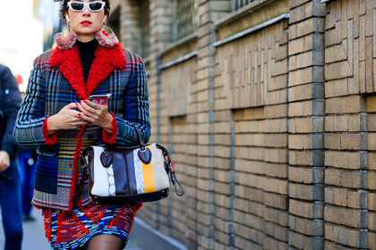 blue jacket, checked, earrings, eva geraldine fontanelli, fur collar, graphic bag, graphic jacket, graphic skirt, leather bag, multicolor bag, multicolor skirt, plaid, printed bag, printed jacket, printed skirt, red fur, red lips, sunglasses, tartan, MILAN, MFW, fashion week, frenchystyle, FW, jonathan paciullo, street style, AUTUMN WINTER 2019-2020, AW 19-20, FALL WINTER 2019-2020, FW 19-20, atmosphere details, detail, horizontal